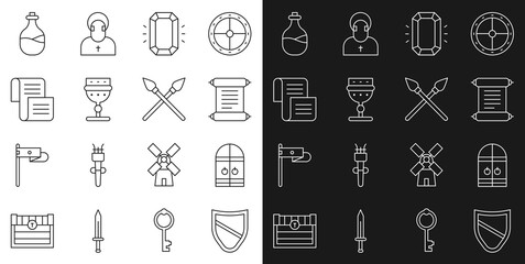 Sticker - Set line Shield, Medieval castle gate, Decree, parchment, scroll, Diamond, goblet, Old bottle of wine and Crossed medieval spears icon. Vector