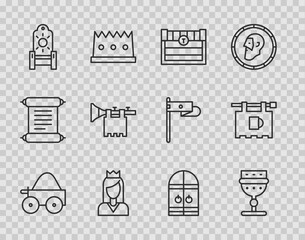 Sticker - Set line Wooden four-wheel cart, Medieval goblet, Antique treasure chest, Princess, throne, Trumpet with flag, castle gate and Street signboard Bar icon. Vector