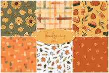 Set Of Thanksgiving And Autumn Seamless Patterns. Good For Wrapping Paper, Scrapbooking, Stationary, Packaging, Textile Prints, Wallpaper, Etc. EPS 10