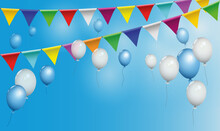 Bunte Wimpelgirlande Und 
Fliegende Weiße Und Blaue Helium Luftballons,
Vektor Illustration Isoliert Auf Weißem Hintergrund
