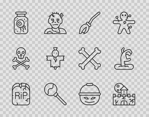 Canvas Print - Set line Tombstone with RIP written, Castle, fortress, Witches broom, Lollipop, Eye in jar, Scarecrow, Pumpkin basket sweets and Zombie hand icon. Vector