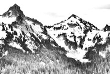 A Black And White Digitally Altered Image Converted Into An Illustration That Depicts A View Of A Snow Capped Mountain Landscape In Mt. Rainier National Park