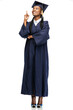 © Syda Productions - education, graduation and people concept - happy graduate student woman in mortarboard and bachelor gown pointing finger up over white background
