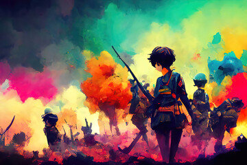 Colorful war scene, smoke reaching into a battle worn sky