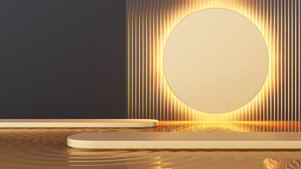 Platform podium golden luxury elegant counter brand circle glow light wall glass backdrop pedestal display float on water with wave and ripple. cosmetic beauty products or skin care. 3D Illustration.