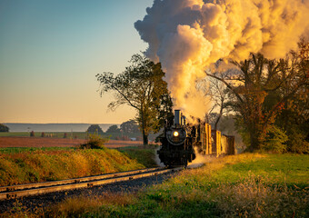 Wall Mural - A View of an Antique Freight Steam Train Blowing Smoke Approaching Thru Trees in Late Afternoon