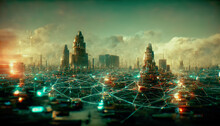 The Concept Of A High-speed Internet Connection Visualized As Cables Sending Data Across In A Spectacular Futuristic, Cyberpunk Cityscape. Digital Art 3D Illustration.