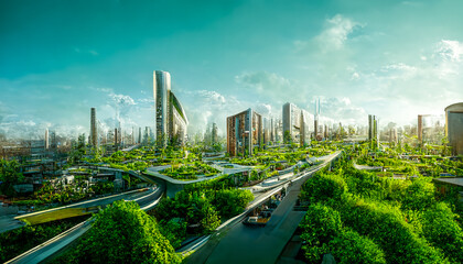 Wall Mural - Spectacular eco-futuristic cityscape ESG concept full with greenery, skyscrapers, parks, and other manmade green spaces in urban area. Green garden in modern city. Digital art 3D illustration.