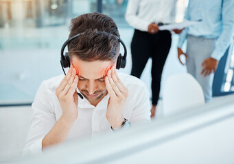 Sticker - Headache, stress and in pain call center telemarketing support or customer service consultant at company. Burnout overworked and tired man or contact us help desk consulting agent sick with migraine