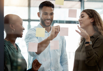 Writing, post it and innovation vision schedule for teamwork, planning and company growth strategy. Smile, happy or creative business people with diversity and research glass wall for brand analytics