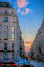 Illustration Of Paris Urban Street Scene At Sunset