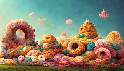 Fantasy donut land with desserts and sweets doughnut candyland, sweet sugar icing and glazed donuts making a fantasy junk fast food cartoon landscape, conceptual illustration