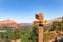 Summit Sign And The Red Rock Mountain Cliffs At The Airport Mesa Hiking Trail In Sedona Arizona