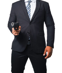 Template of a gunman wearing a black suit and holding a pistol isolated included with clipping path.