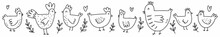 A Hand-drawn Set Of Cute Chickens. Vector Illustration Of Poultry Drawn In The Style Of Doodles.