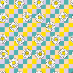 Checkerboard seamless pattern with chamomile flowers. Childish characters print with happy emotions. Kids illustration for decor and design.