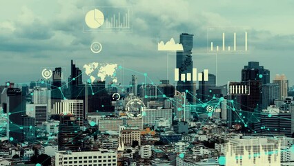 Business data analytic interface fly over smart city showing alteration future of business intelligence. Computer software and artificial intelligence are used to analyze big data for strategic plan .