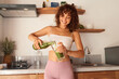 Diet. Healthy Eating Woman Pouring Fresh Raw Green Detox Vegetable Juice. Healthy Lifestyle, Vegetarian Food And Meal. Drink Smoothie. Nutrition Concept 