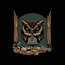 Illustration Of A Rugged Forest With Owl, A Color Picture On A Black Background.