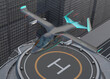 Electric VTOL passenger aircraft takeoff or landing the helipad. Urban Passenger Mobility concept. 3D rendering image.