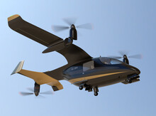 Electric VTOL Passenger Aircraft  Flying In The Sky. Air Mobility Concept.  3D Rendering Image.