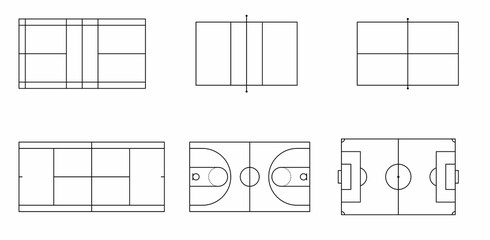 Wall Mural - thin line Sport court set isolated on white background.soccer, tennis,table tennis, badminton,basket,ping pong,wiff waff, football court vector