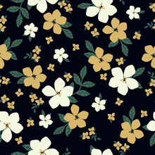 Simple Vintage Pattern. White And Yellow Flowers , Green Leaves. Black  Background. Fashionable Print For Textiles And Wallpaper.