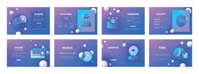 Glassmorphism infographic. Glass shapes with morphism icon and gradient for calendar or mail. Website interface template. Internet search. Online banking. Vector web landing pages set