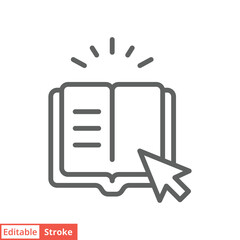 Online library icon. Simple outline style. Open book with cursor, digital course, e-learning, internet education concept. Line vector illustration isolated on white background. Editable stroke EPS 10.