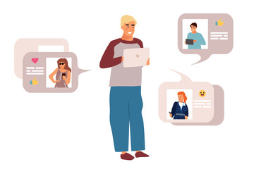 Poster - People using phone. Internet communication. Web messenger. Young character with tablet. Network conversation. Group network discussion. Guy holding device. Vector man chatting online