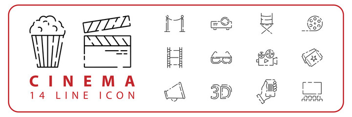 Poster - Cinema and movie entertainment related line icon set. Film and TV performance linear vector icon collection