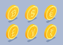 Isometric Vector Illustration On A Gray Background, A Set Of Gold Coins With Different Icons Of World Currencies, Money Or Finance