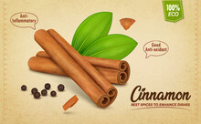 Cinnamon Sticks Vector Illustration With Green Leaves On Brown Background