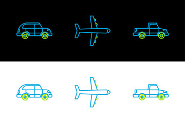 Poster - Set line Pickup truck, Hatchback car and Plane icon. Vector