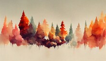 Autumn Forest Landscape. Colorful Watercolor Painting Of Fall Season. Red And Yellow Trees. Beautiful Leaves, Pine Trees. Minimal Elegant Flat Scenery. Artistic Natural Scenery. Vintage Pastel Colors.