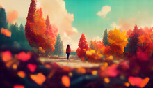 Girl In A Forest During Fall Season. Anime, Manga, Cartoon Digital Painting Of Autumn Season. A Girl Wandering In A Beautiful Scenery. Orange Trees, Dead Leaves Flying. Nature, Park, Outdoor Landscape