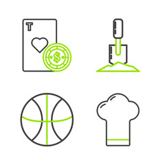 Wall Mural - Set line Chef hat, Basketball ball, Shovel in the ground and Casino chip and playing cards icon. Vector