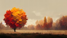 Colorful Autumn Landscape. Fall Season With Red And Orange Trees. Beautiful Painting Of An Outdoor Scenery.  Scenic View Of Nature With Trees And Pines. Colorful Pastel Painting On A Foggy Day.