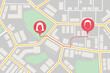 Top view map with pin markers showing GPS location of people or friends in the city with direction