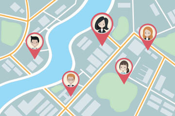 Map with pin markers showing GPS location of people or friends around the city