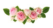 Leinwandbild Motiv Small pink rose flowers and green leaves in a floral arrangement isolated