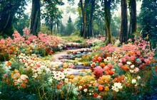 One Road In A Flower Garden Blooming In The Forest.