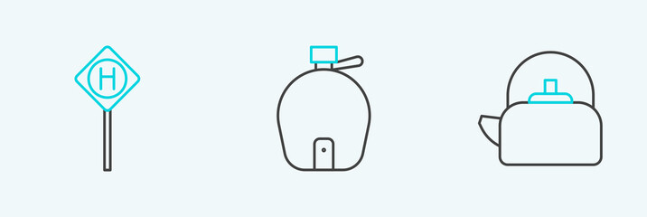 Sticker - Set line Kettle with handle, Parking and Canteen water bottle icon. Vector