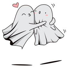 Kawaii Ghost Couple Hugging Love. Happy Halloween. Cute Cartoon Spooky Character. Vector Illustration