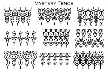 Wall Mural - Assorted spooky cemetery fence silhouettes. Assets isolated on a white background. Scary, haunted and spooky fence elements