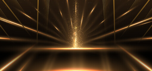 Abstract elegant gold glowing with lighting effect sparkle on black background. Template premium award design.