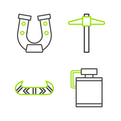 Canvas Print - Set line Canteen water bottle, Kayak or canoe and paddle, Pickaxe and Horseshoe icon. Vector