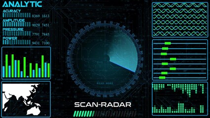 Wall Mural - abstract colorful HUD radar animation on black background. Radar Screen Detected for Battle. Radar HUD With Object On Screen. Futuristic HUD Navigation monitor, Sonar Detect Battle Ship	