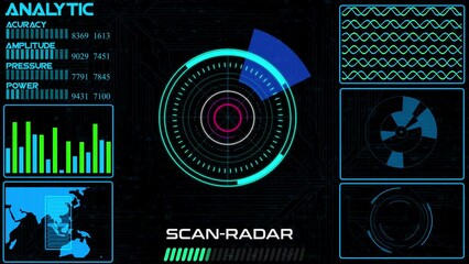 Wall Mural - abstract colorful HUD radar animation on black background. Radar Screen Detected for Battle. Radar HUD With Object On Screen. Futuristic HUD Navigation monitor, Sonar Detect Battle Ship	