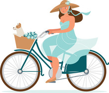 Romantic Lady Riding On A Vintage Bicycle With Her Dog In A Basket.